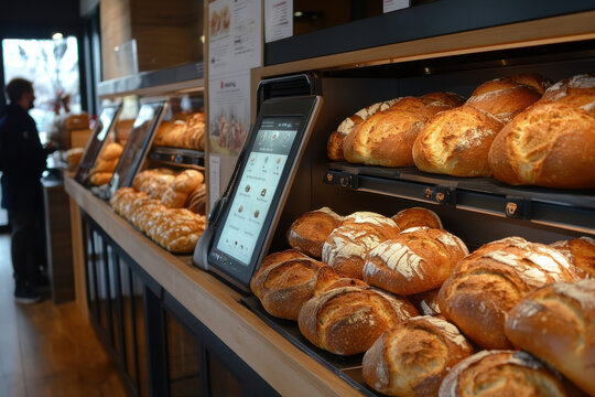 A bakery display case with a tablet showing the breads available