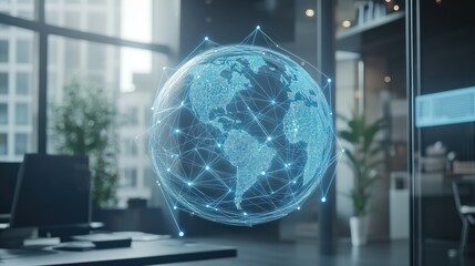 Digital globe with interconnected network lines, superimposed over a business office scene