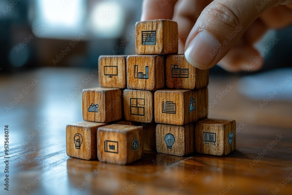 Poster wooden blocks with icons representing business and technology concepts