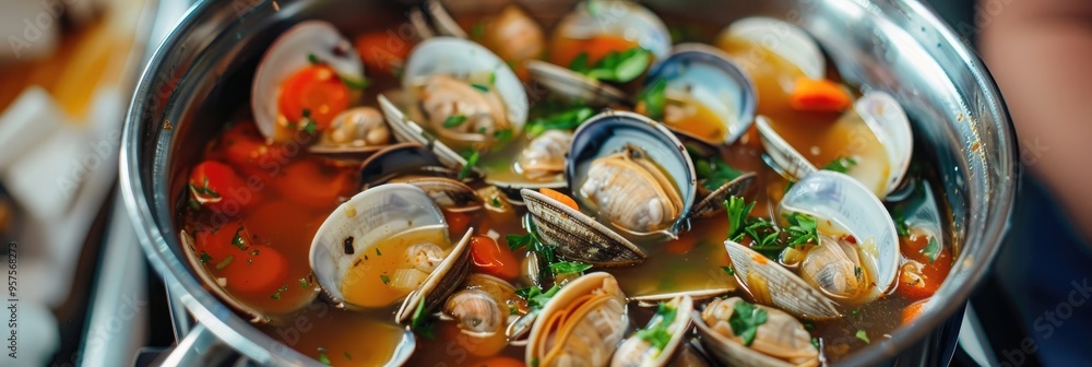 Wall mural Hearty clam broth filled with an abundance of vegetables simmering in a pot.