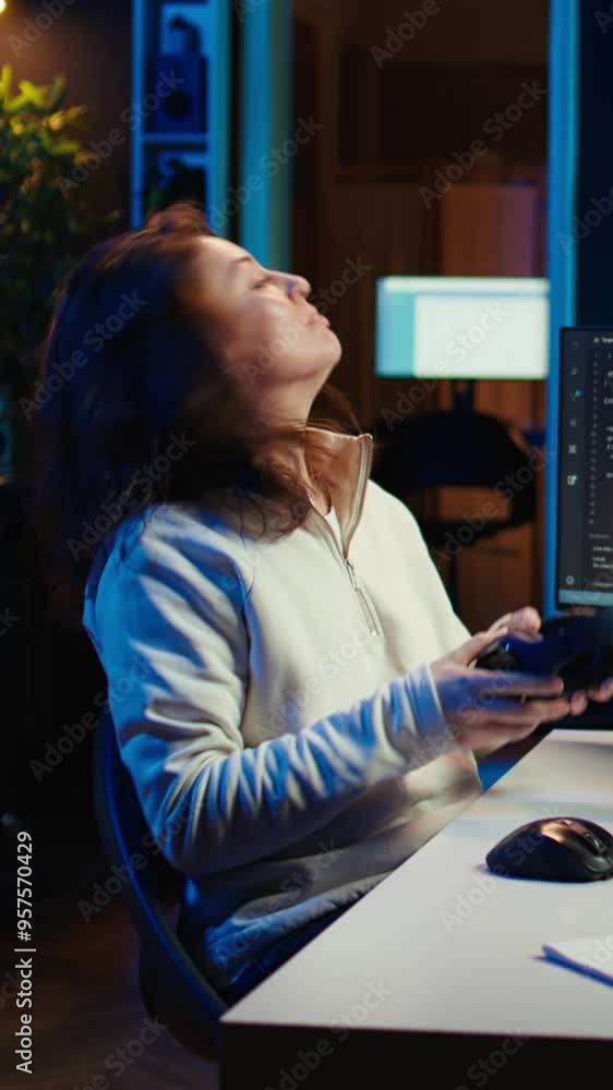 Poster vertical video freelancing programmer listening music while designing and developing software applic