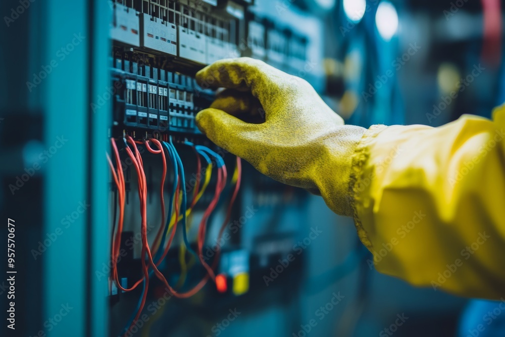 Aufkleber close up of engineer inspecting voltage at circuit breaker in main power distribution board