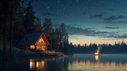 Fototapeta premium Cozy Cabin by the Lake at Night with Starry Sky and Campfire