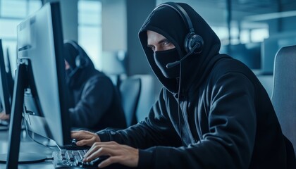 Call center scammers  hooded criminals in masks using computers to deceive victims in a dark office