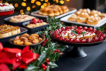 Holly and ivy garland draped over a holiday buffet table, captured in a photo where a holiday buffet table is adorned with a garland of holly and ivy, with festive dishes and treats arranged