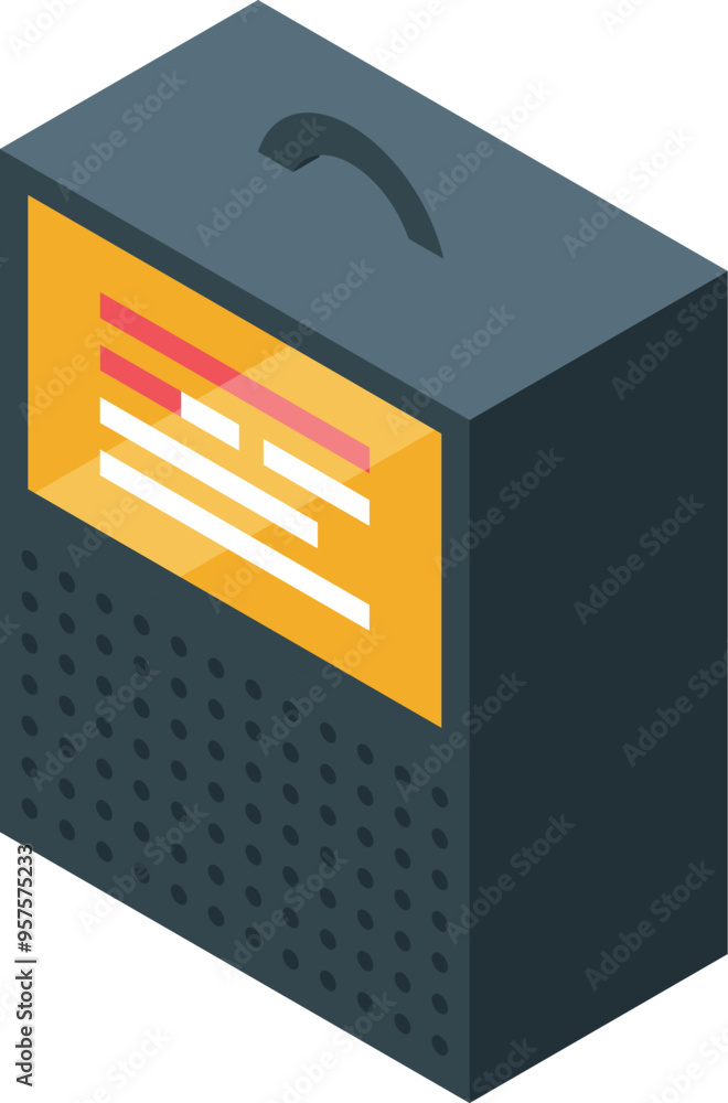 Poster smart speaker with a screen is displaying information in this isometric illustration