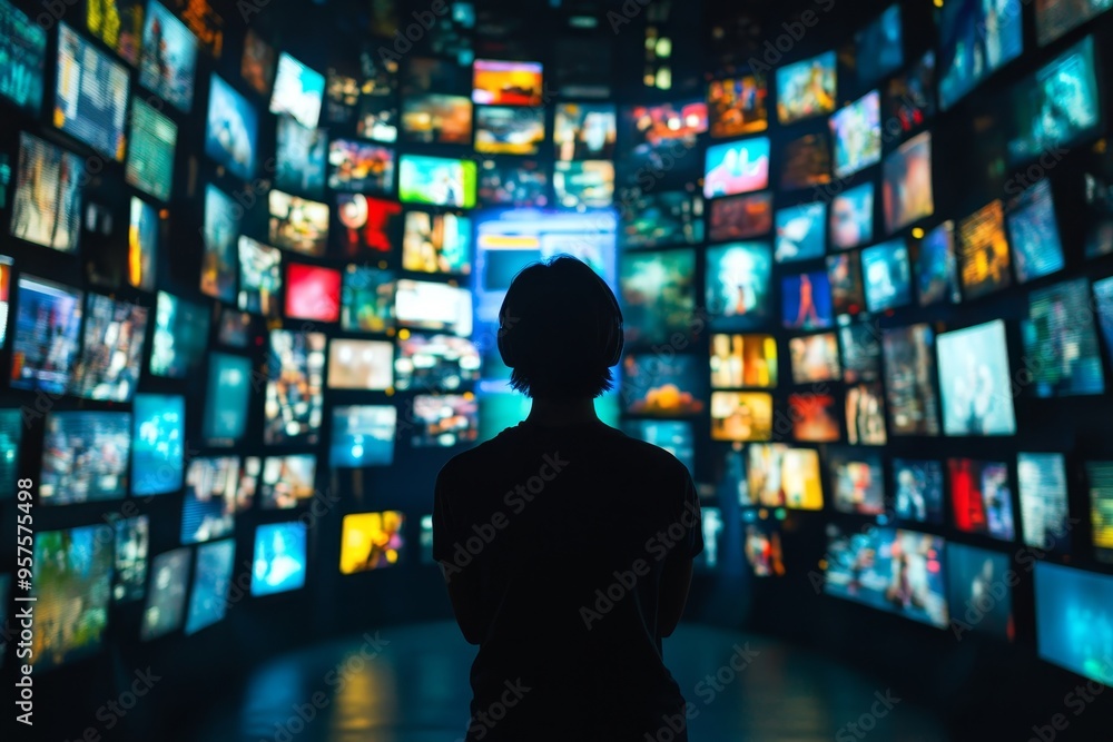 Poster silhouette of a person with abstract screens symbolizing multitasking in digital entertainment