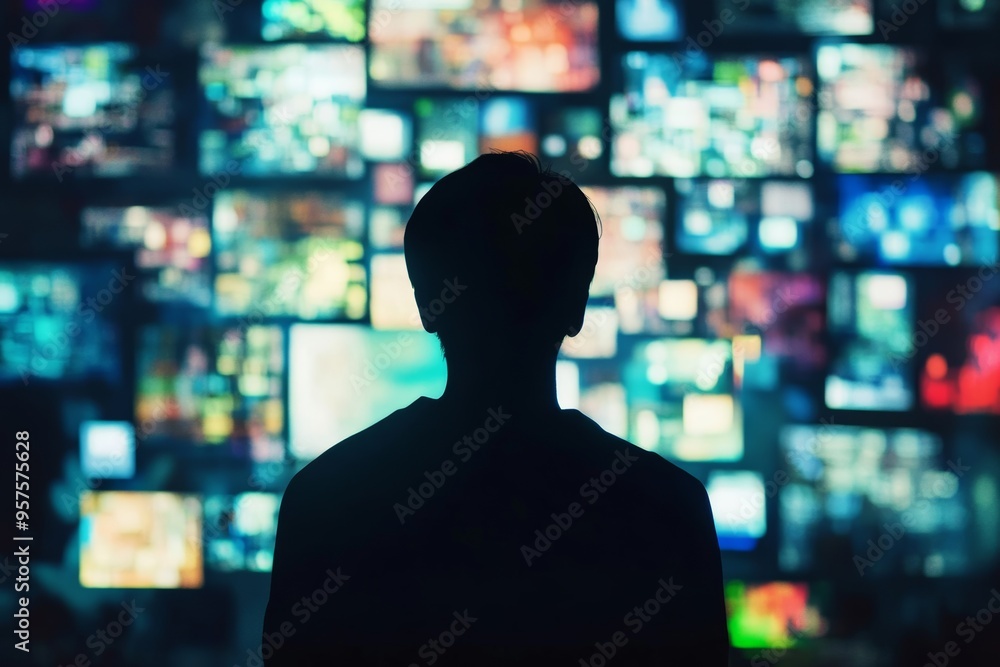 Poster silhouette of a person against an abstract background of multiple screens showcasing digital media