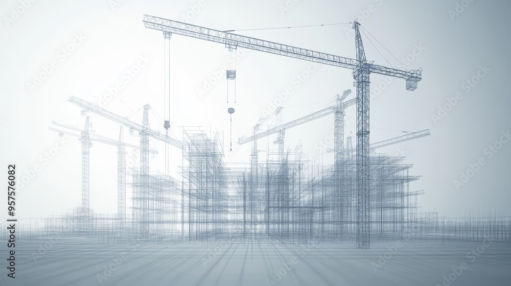 Poster digital blueprint of a building under construction with cranes, symbolizing modern architecture
