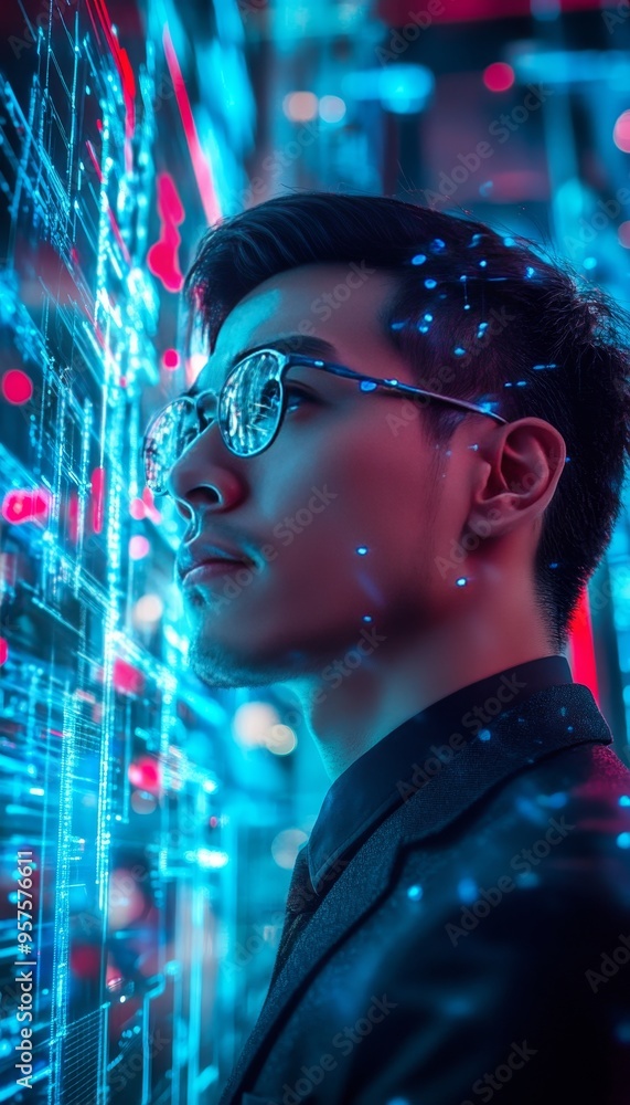 Poster portrait of a technology innovator surrounded by futuristic elements in a high tech environment