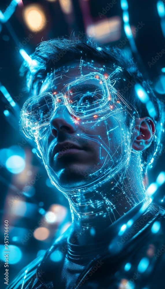 Aufkleber portrait of a technology innovator surrounded by futuristic elements in a high tech setting