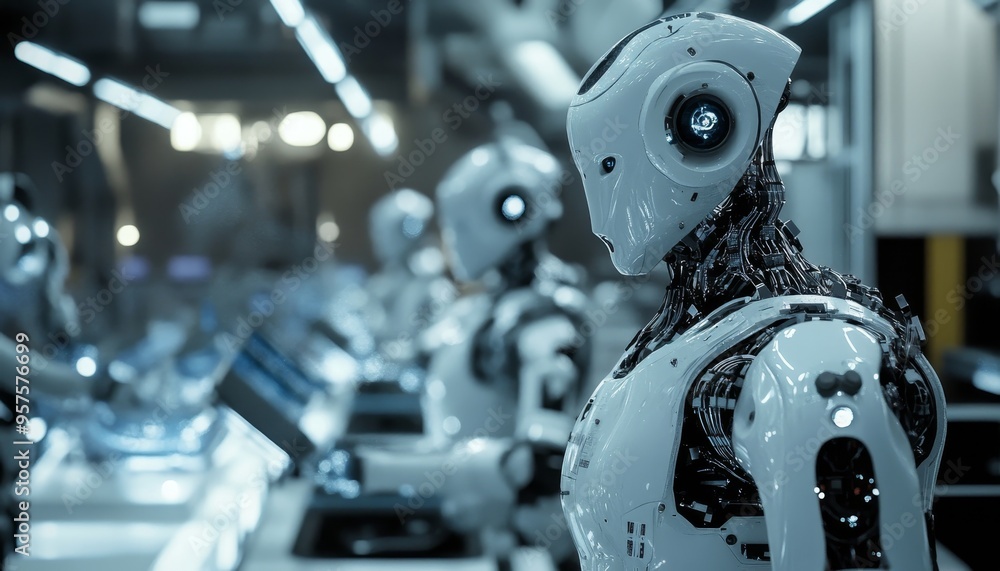 Aufkleber robots working together in a futuristic factory to boost productivity and enhance safety