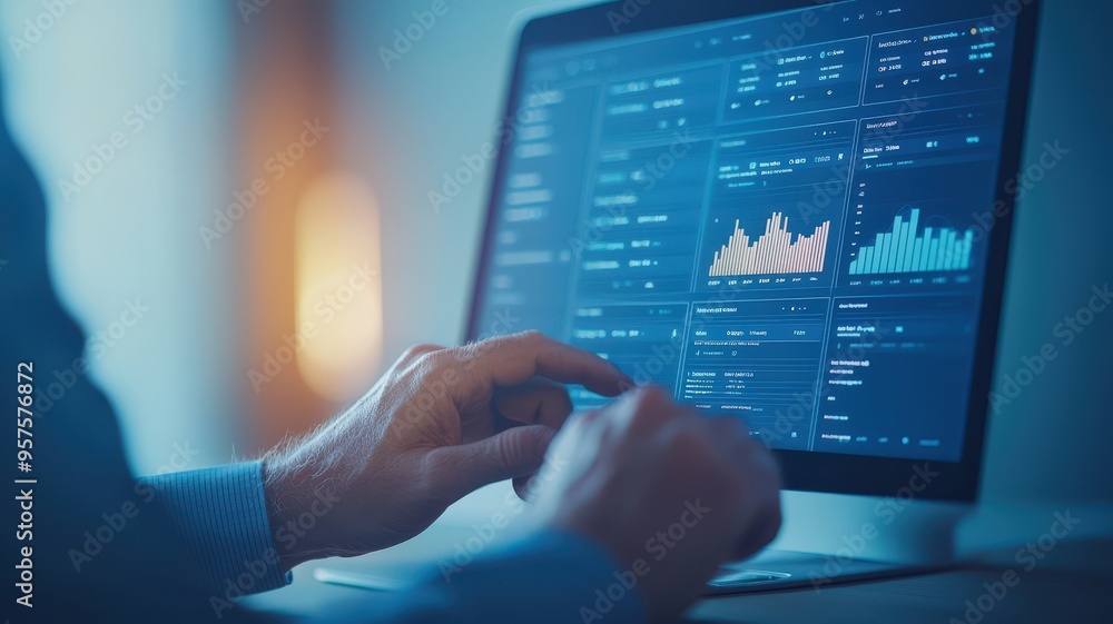 Aufkleber a close-up of a person analyzing data on a laptop screen, showcasing various graphs and analytics fo