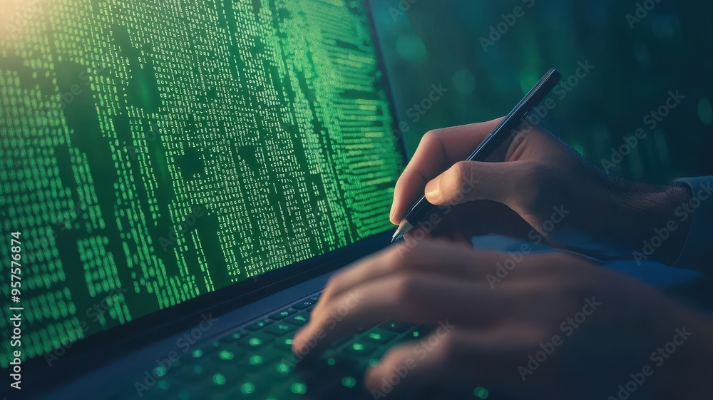 Poster a close-up of hands using a laptop, displaying green coding symbols in a digital environment, symbol