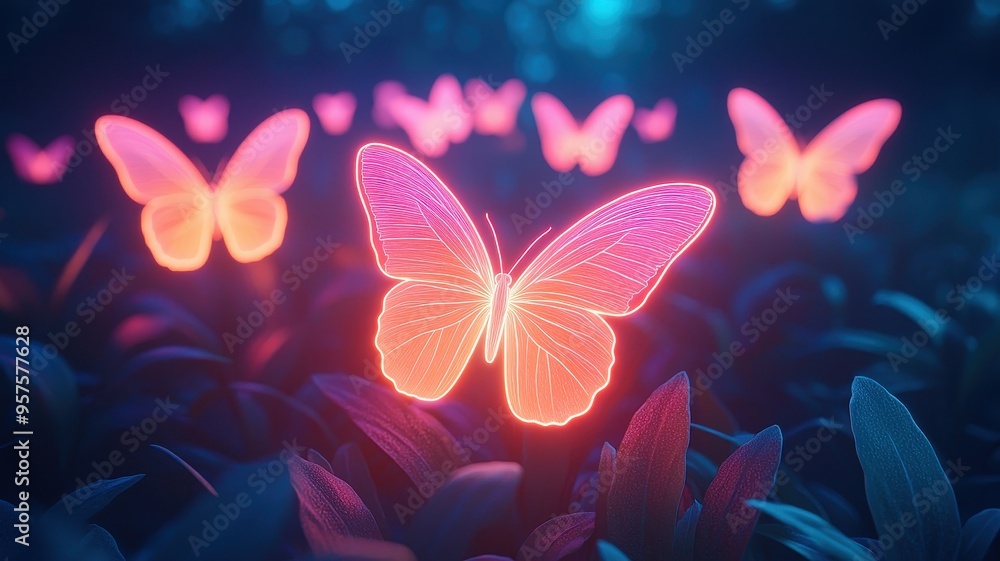 Poster a magical scene featuring glowing butterflies in a mystical forest, creating an enchanting atmospher