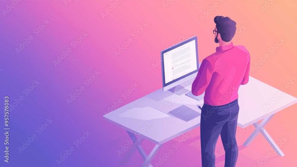 Poster a modern illustration of a man working at a desk, engaging with a computer screen in a vibrant digit