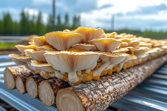 Mushroom Farm Oyster, Organic, and Logs visualized in an organic farm setting where Oyster mushrooms grow on stacked logs, showing the natural and sustainable farming practices