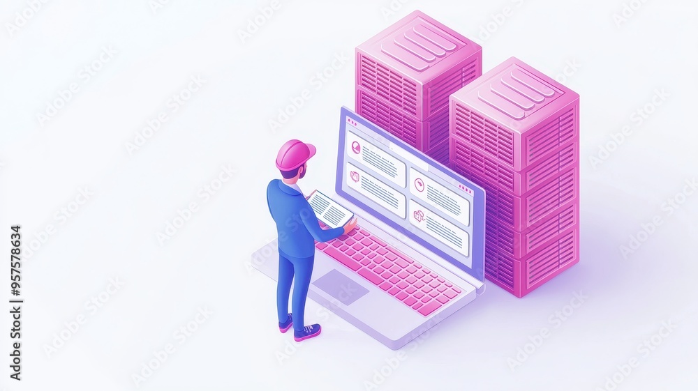 Poster a professional managing data on a laptop, with server stacks in a vibrant, modern setting. perfect f
