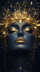 A woman with golden makeup and a crown of leaves.