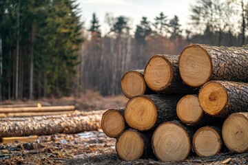 Log pile of sawn spruce trunks showcasing the timber industry and logging practices in forestry.