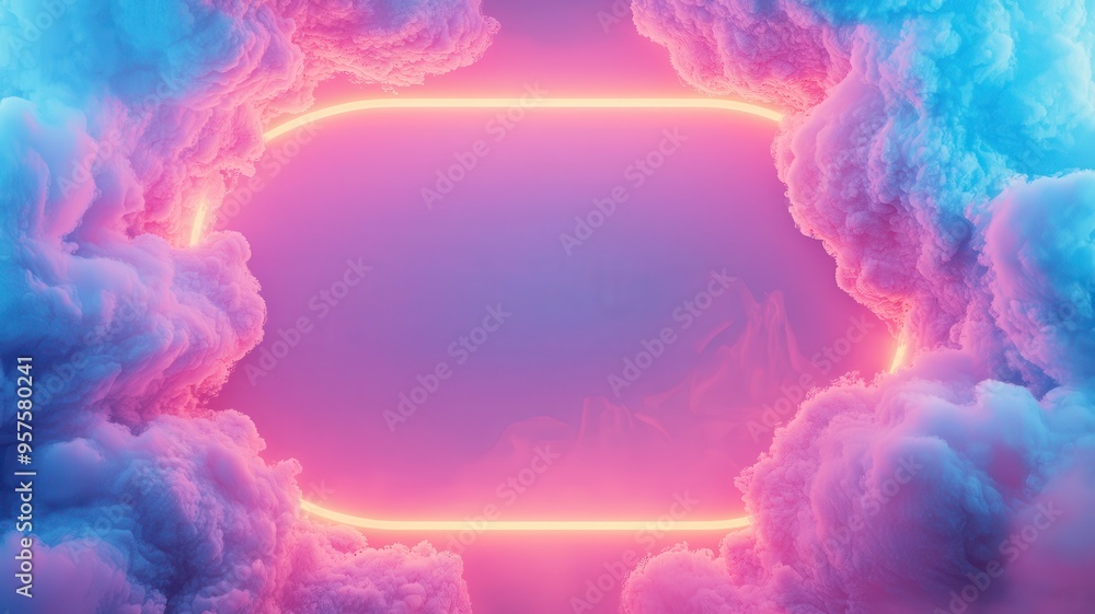 Poster a vibrant neon frame surrounded by colorful clouds, creating a dreamlike atmosphere perfect for vari