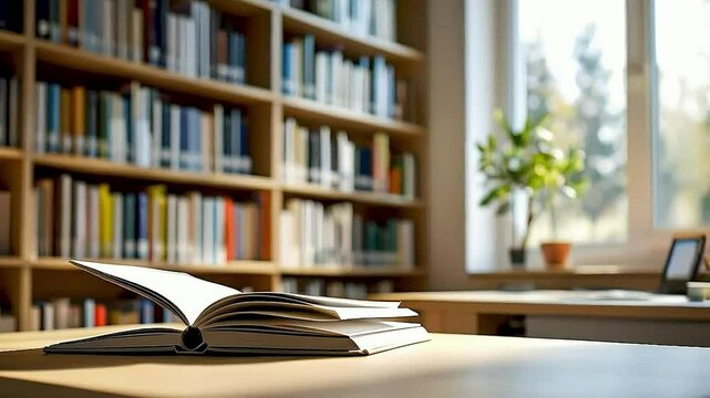 a book  and  a desk  in front of  bookshelves