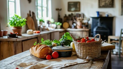 Rustic Kitchen Table with Bread  Tomatoes  and Pot