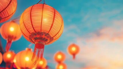 Fototapeta premium A vibrant scene of glowing lanterns against a beautiful sky, creating a festive and warm atmosphere for celebrations.