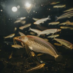 A spotted fish with long whiskers swims in a dark tank. AI.