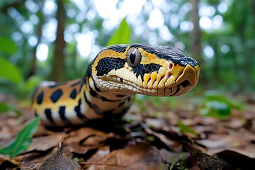 Fototapeta premium Snake Boa, Large, and Forest depicted in a forest where a large boa constrictor moves silently along the ground, its massive body disturbing the leaves as it passes