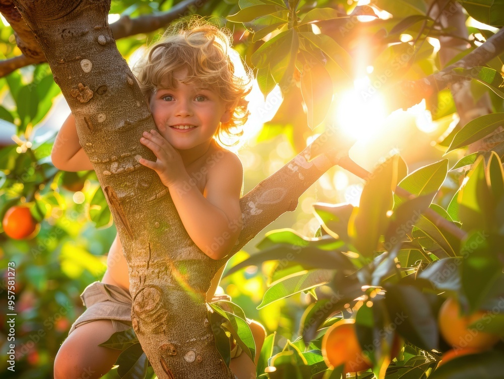 Poster a child smiles while climbing a tree. ai.