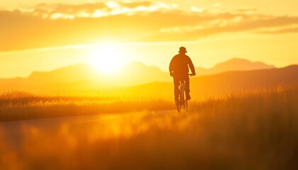 Silhouette of a cyclist riding into the sunset on a rural road.