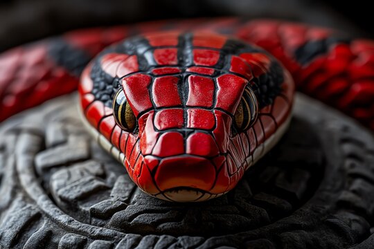 Snake Cobra, Red, and Sacred depicted in an ancient temple where a red cobra coils protectively around a sacred artifact, its striking color symbolizing power and danger