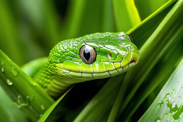 Fototapeta premium Snake Green, Camouflage, and Grasslands depicted in a grassy plain where a green snake blends seamlessly with the tall grass, nearly invisible as it moves stealthily through its habitat