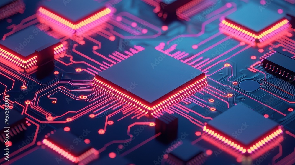 Poster close-up view of a modern circuit board with glowing components, showcasing intricate details and vi