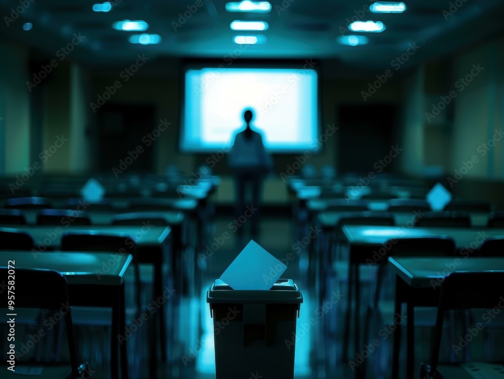 Poster a ballot box sits in the foreground of an empty classroom. ai.