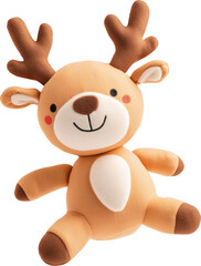 Plush reindeer toy with antlers is featured isolated on transparent background.