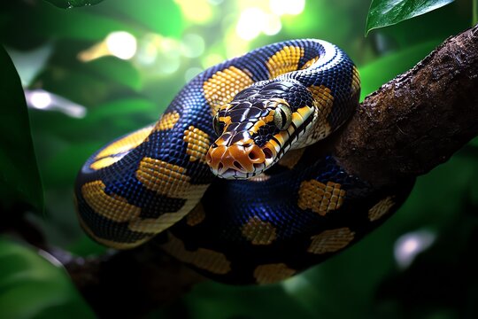 Snake Python, Coiling, and Forest visualized in a lush forest where a massive python coils around a tree branch, its scales glistening in the dappled sunlight filtering through the canopy