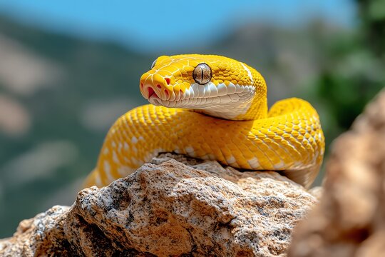 Snake Python, Golden, and Rocky Terrain visualized in a rugged, rocky landscape where a golden python slithers across the stones, its scales shimmering in the sunlight