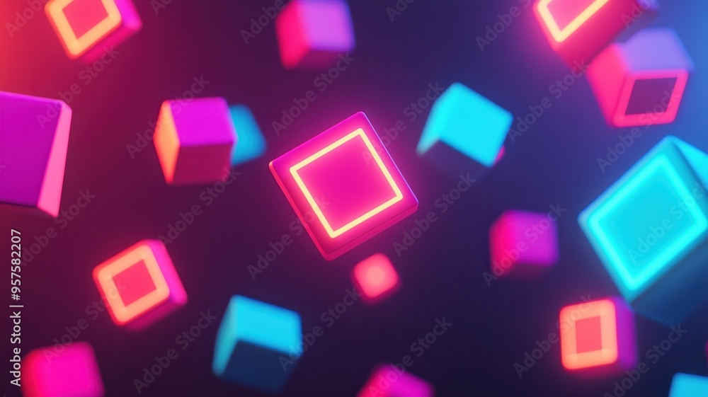 Poster colorful neon cubes float in a vibrant digital space, creating a dynamic and energetic atmosphere fo