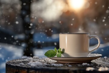 Fototapeta premium Cozy ambiance: charm of a hot drink on beautiful winter day, emphasizing inviting and aesthetically pleasing experience of savoring warming beverage amidst tranquil and snowy landscape