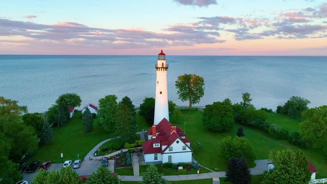 Aerial Arc Shot of Windpoint Lighthouse at Sunset in Racine Wisconsin