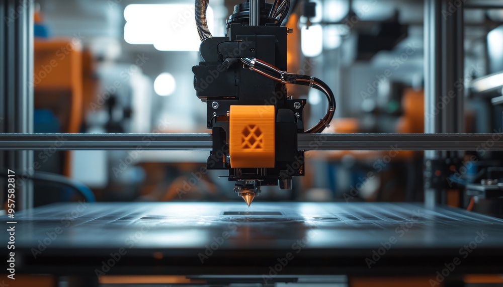 Poster intriguing photograph showcasing a 3d printer actively functioning in a contemporary studio setting