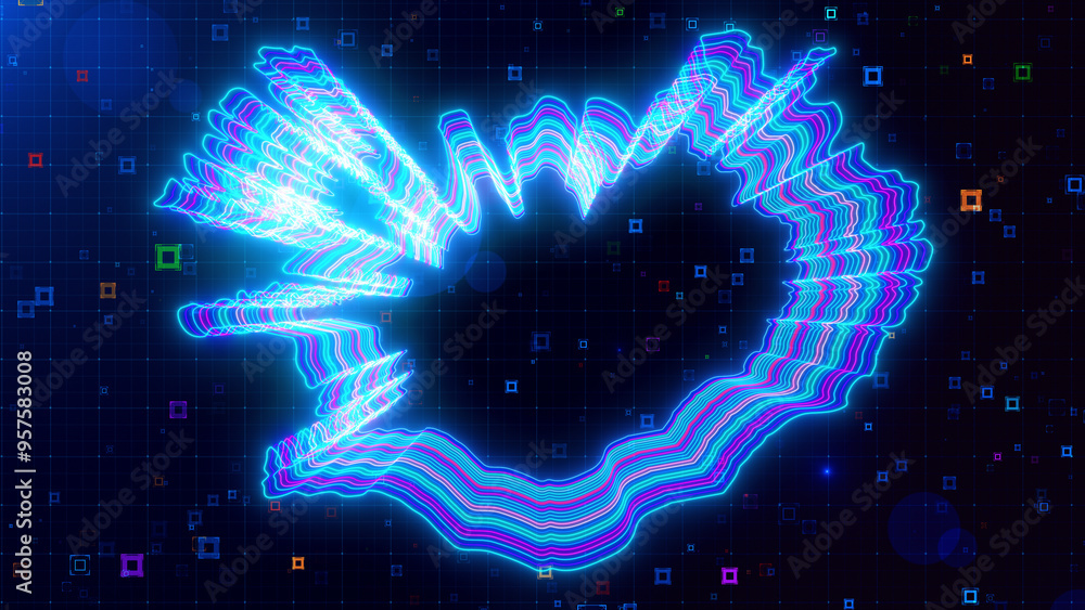 Poster a vibrant digital artwork of iceland map outlined with neon lines, set against a futuristic grid bac
