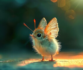 Fototapeta premium A fluffy creature with wings and large eyes. AI.