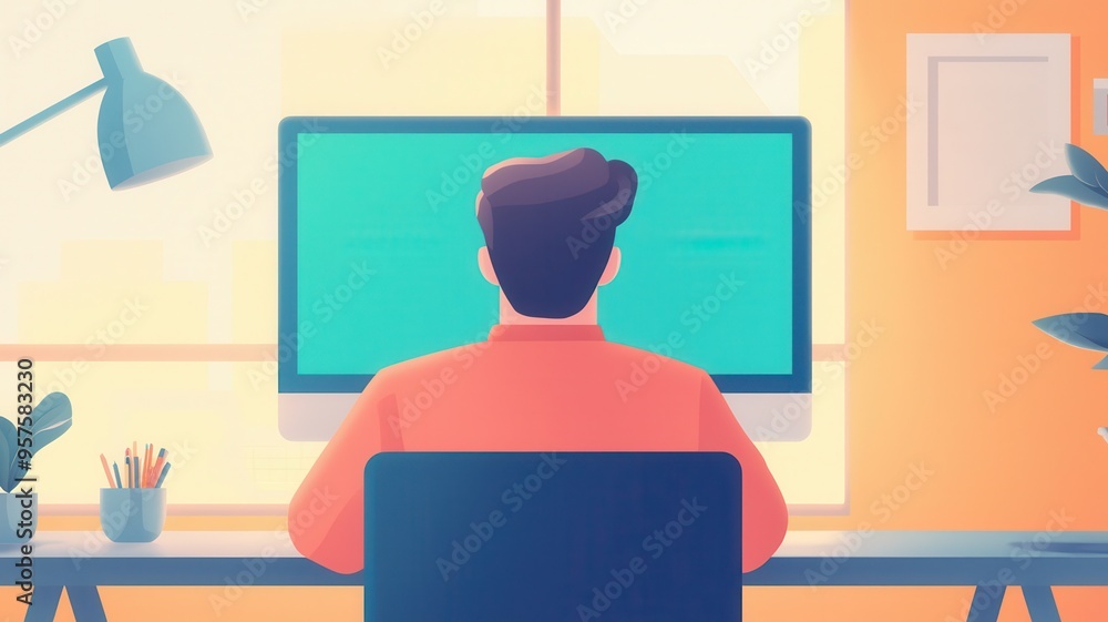 Poster stylish home office with a modern computer setup, showcasing a professional working environment with