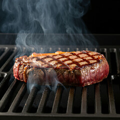 Sizzling Steak on a Hot Grill with Smoky Char Marks