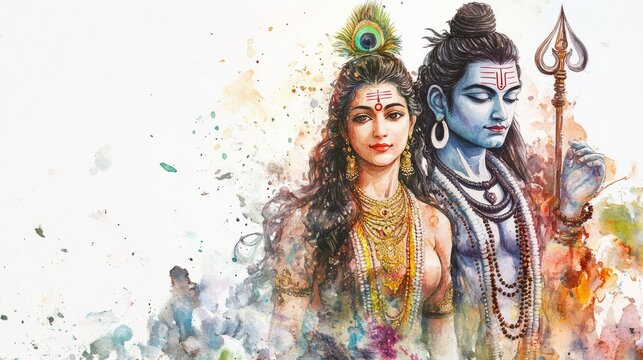 Parvati and Shiva: Watercolor Painting of Divine Couple