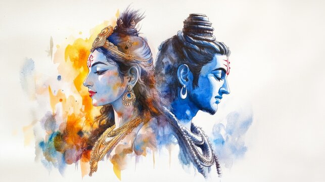 Parvati & Shiva Watercolor Painting: Divine Couple Art Print