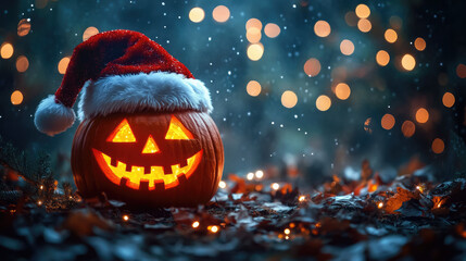 Naklejka premium Jack-o-lantern in Santa Claus hat on dark blurred background with lights, Halloween, Christmas, symbol, holiday, celebration, November, December, card, pumpkin, lantern, scary face, New Year, October